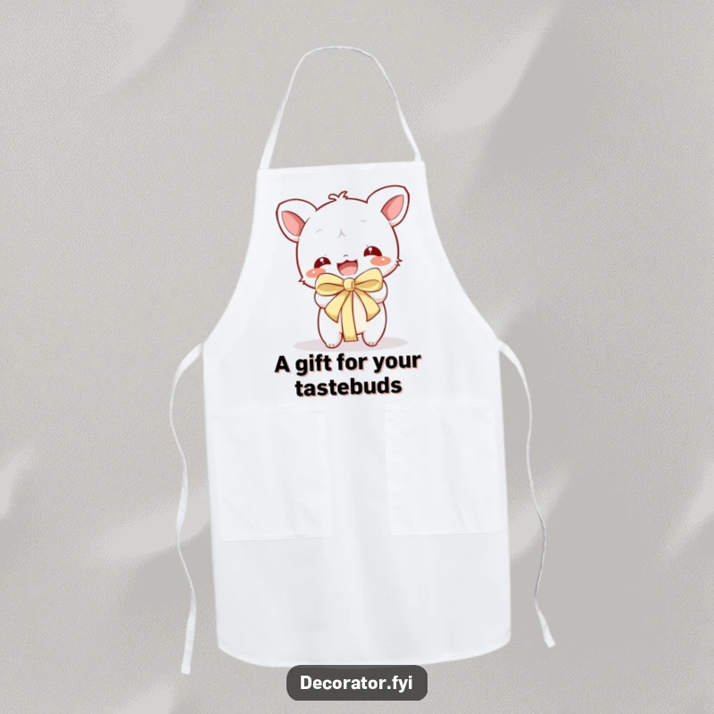 Funny Apron: Character bursting with joy while unwrapping a gift, ready for kitchen fun.