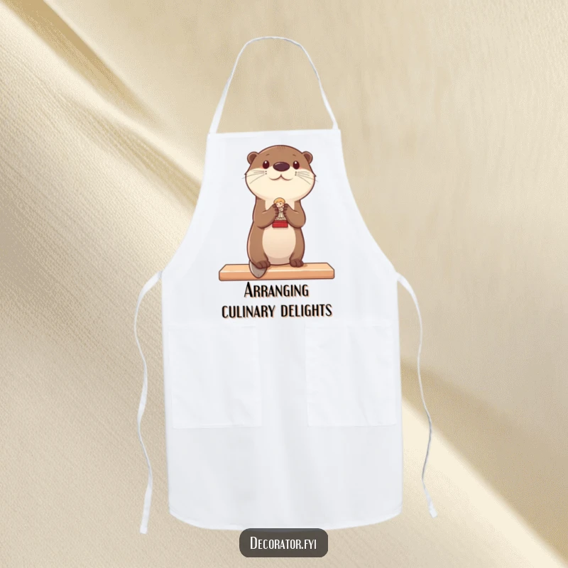 Funny apron showing an otter carefully placing a small statue on a shelf, perfect for kitchen tasks or crafting.