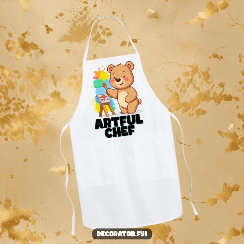 Funny bear apron showing a smiling bear happily painting a vibrant mural on a small wall, ready for kitchen art.