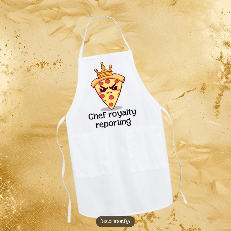 Funny apron showing a grumpy pizza slice wearing a small crown, looking annoyed. Hilarious kitchen accessory.