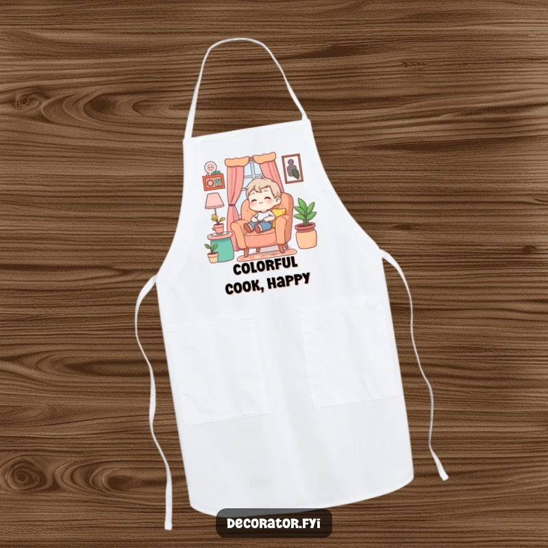 Funny Apron showing a content character in a colorful armchair, perfect for relaxed cooking sessions.