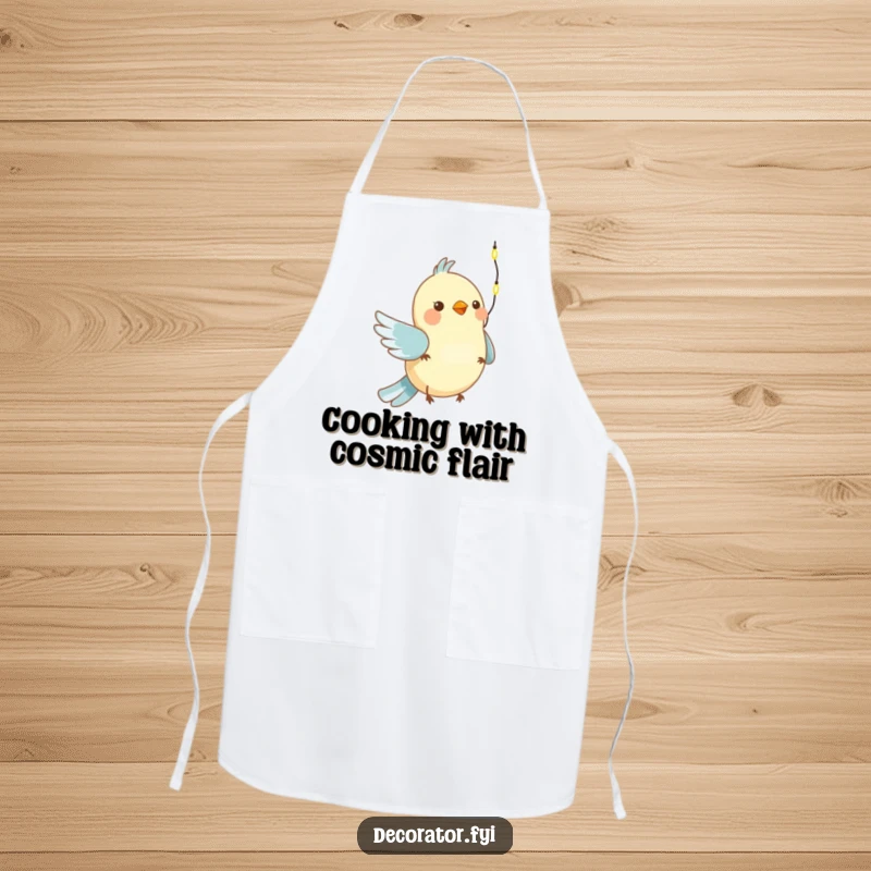 Funny apron with a cheerful bird busy hanging decorative lights, ideal for holiday cooking and baking fun.