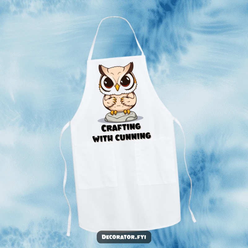 Funny apron with a determined owl character focused on placing a small statue, symbolizing precision in the kitchen.