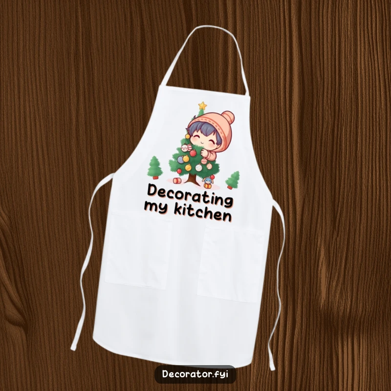 Funny Apron: A playful character decorates a miniature tree with tiny, glittering festive ornaments while baking.