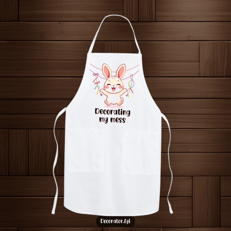 Funny apron with a joyous rabbit character hanging streamers, ideal for hosts and party cooks.