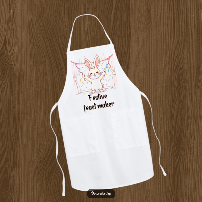 Funny bunny enthusiastically decorating with streamers while cooking, protecting clothes with festive humor, a delightful funny gift.