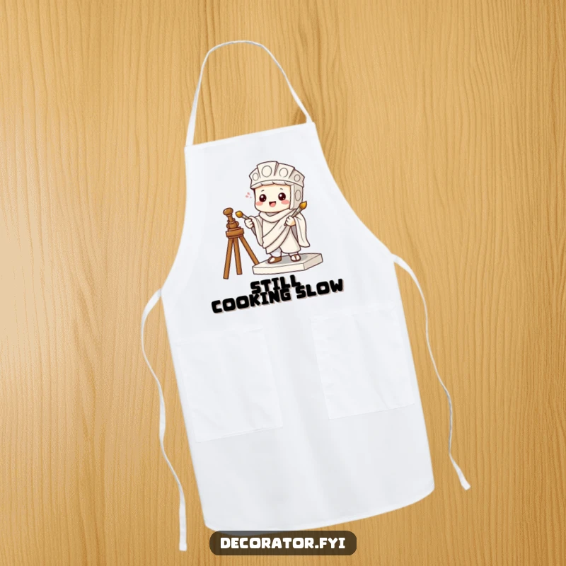 Funny apron depicting a mischievous character pretending to be a statue holding a tiny paintbrush, suitable for artistic schemes.