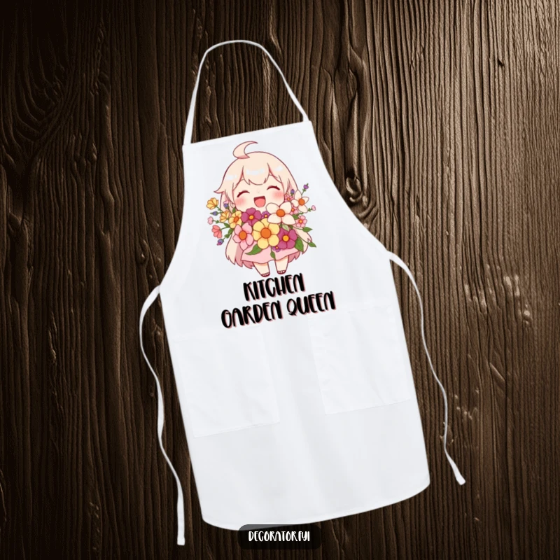 Funny apron depicting a joyful character proudly holding a gorgeous floral arrangement, perfect for stylish and humorous gardening or cooking.