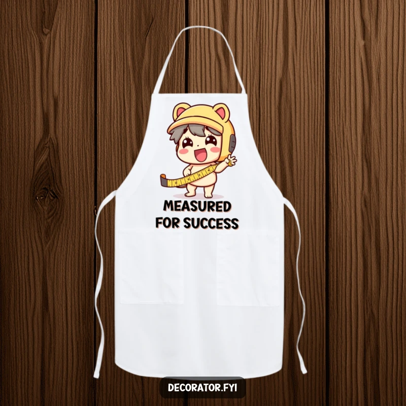 Funny Apron: A delighted character using a tape measure with supreme enthusiasm, perfect for the kitchen.