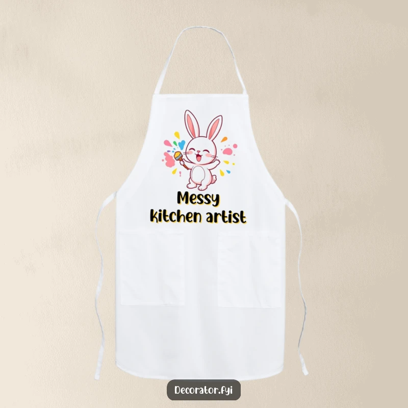 Funny apron showing a cute bunny character excitedly applying colorful paint to a wall, ready for artistic creation.