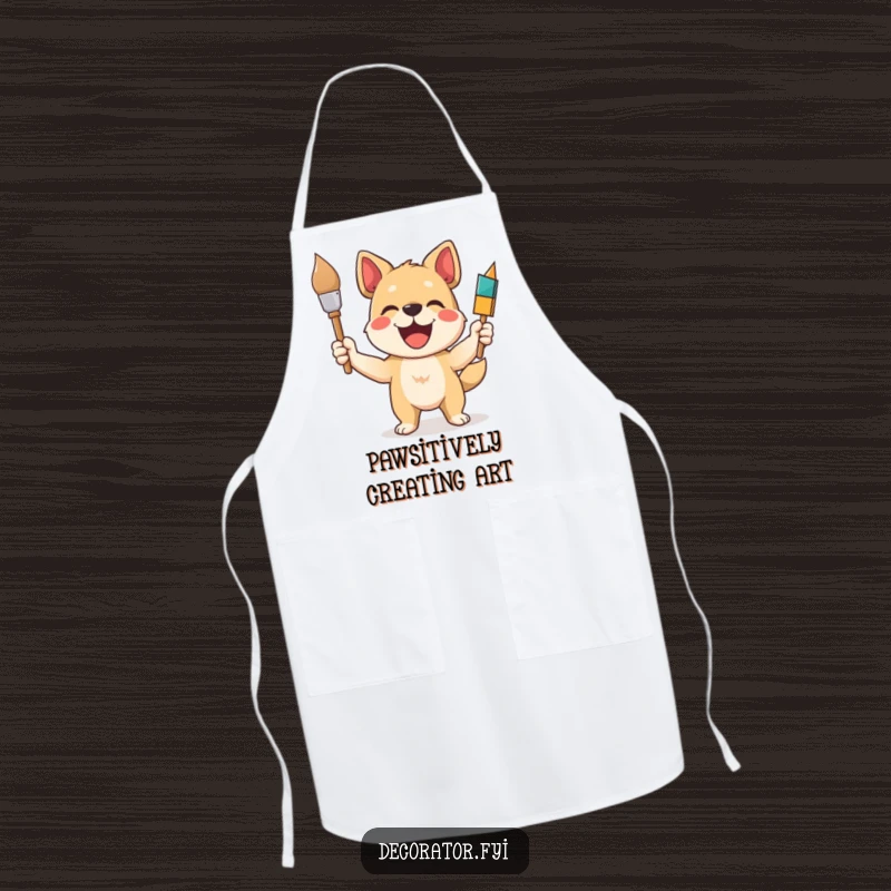 Funny dog apron showcasing a delighted dog artist holding a paintbrush, signifying a fun and protected creative workspace.