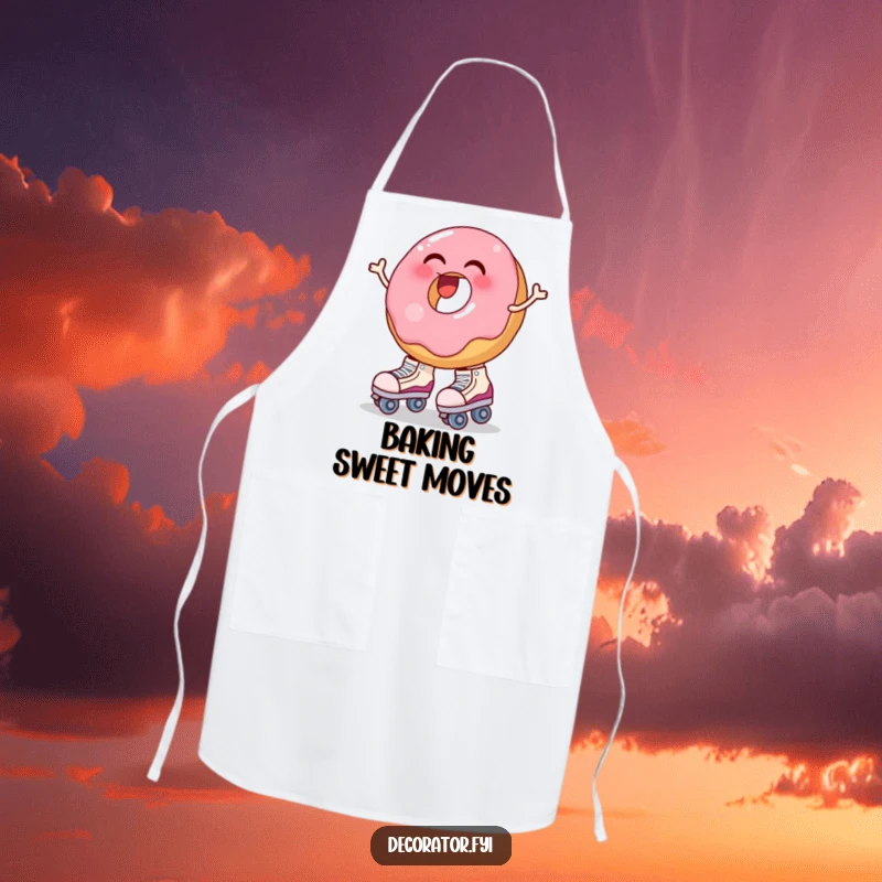 Funny apron with a laughing donut wobbling as it attempts to wear large roller skates. Hilarious kitchen gear.