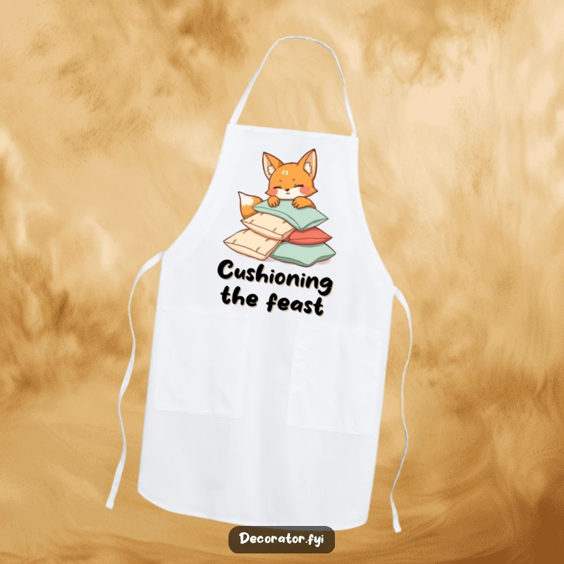 Funny fox character winking while arranging cushions, designed for a humorous and functional kitchen apron.