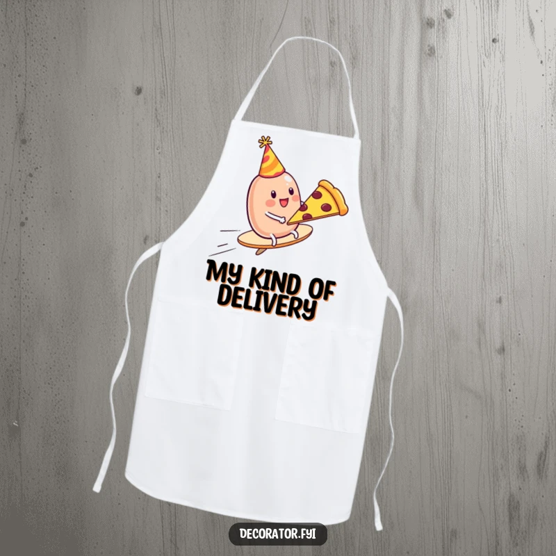 Funny Apron: A wobbly jelly bean wearing a party hat rides a flying pizza slice, making cooking fun and stylish.