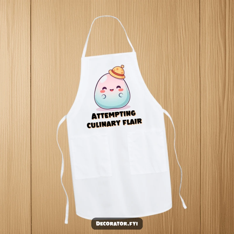 Funny apron featuring a wobbly jelly character hilariously trying to keep a tiny hat on, perfect for kitchen fun and protection.