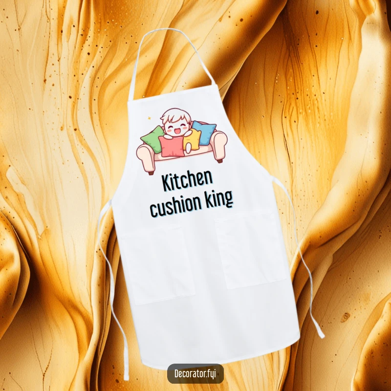 Funny apron showing a playful character gleefully arranging colourful cushions on a sofa, ideal for kitchen tasks with a dose of stylish humor.