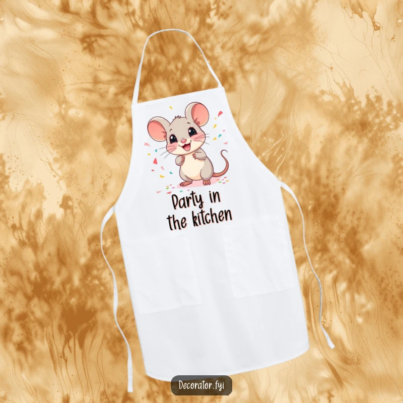 Funny mouse apron featuring a cheerful mouse scattering confetti with a flourish, perfect for keeping clean during festive activities.