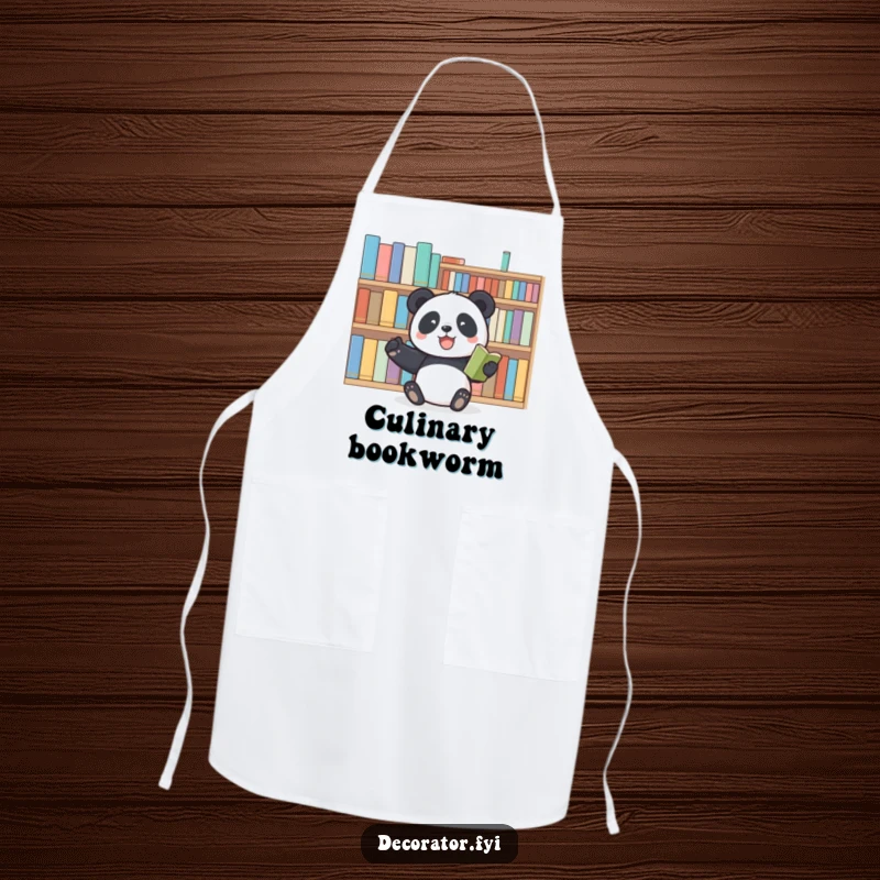 Funny panda apron with a joyful panda arranging books, perfect for keeping clothes clean during cooking or reading activities whilst staying organized.