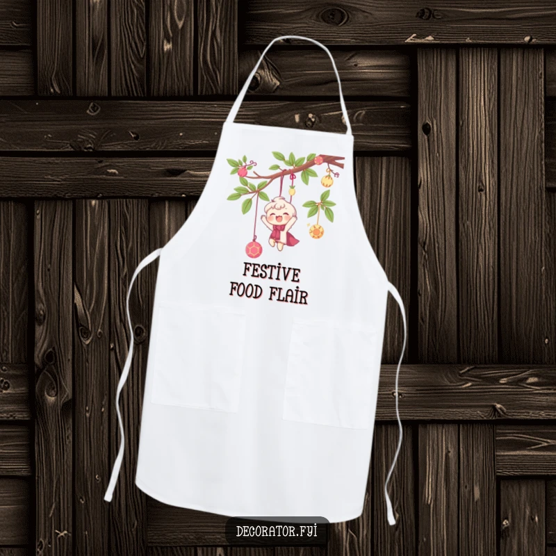 Funny apron showing a delighted character happily hanging whimsical decorations from a branch, ideal for party planners.