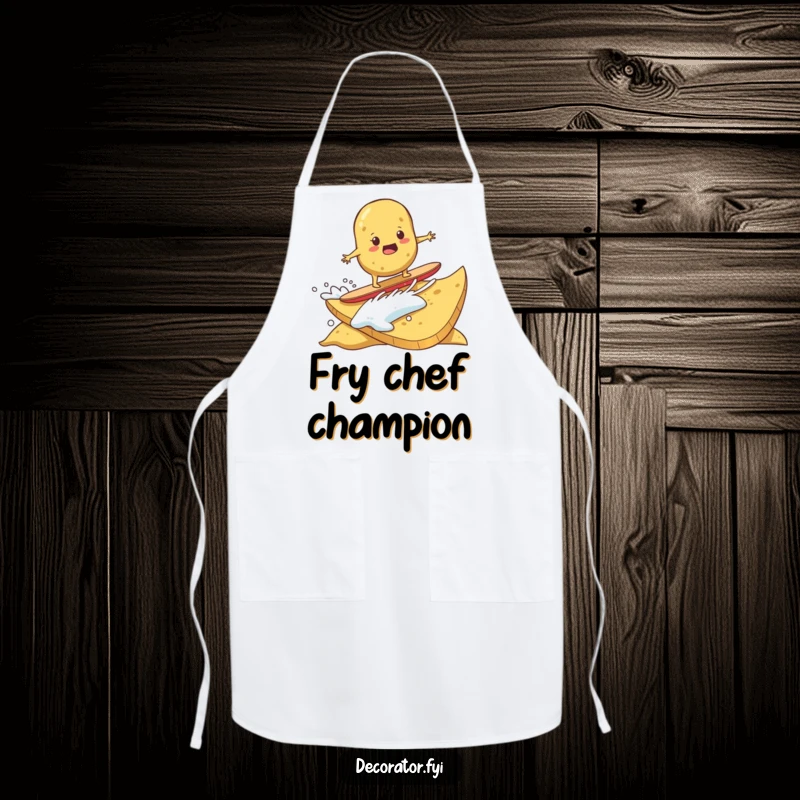 Funny apron with a determined potato surfing on a huge potato chip. Hilarious kitchen wear.