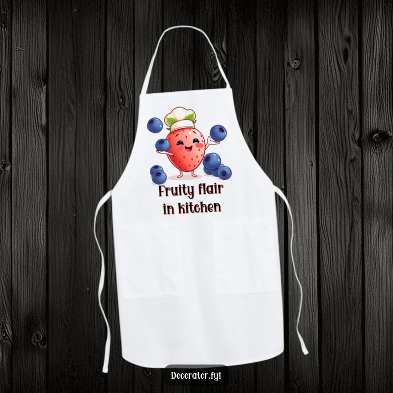 Funny strawberry chef apron: a strawberry juggles blueberries, a humorous kitchen accessory.
