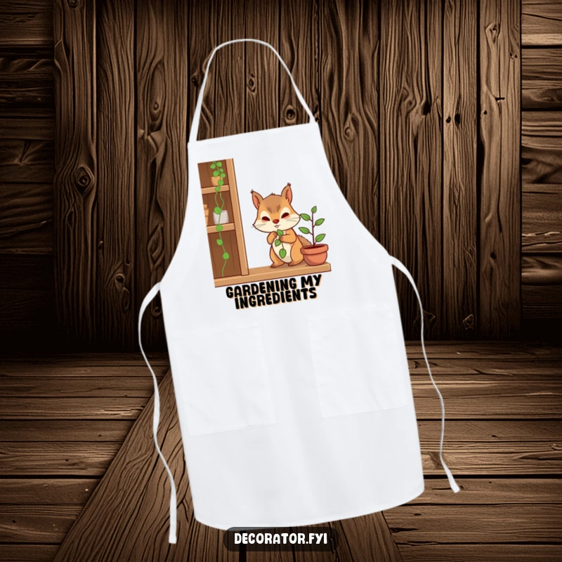 Funny apron with a determined squirrel character carefully placing a plant on a shelf, ideal for kitchen gardeners.