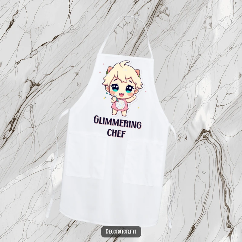 Funny apron showing a cheerful character enthusiastically applying glitter to a festive design, ideal for crafters.