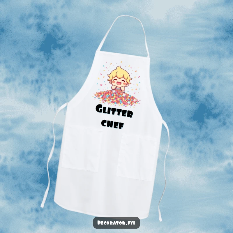 Funny character gleefully arranging confetti while cooking, protecting clothes with festive humor, a delightful funny gift.