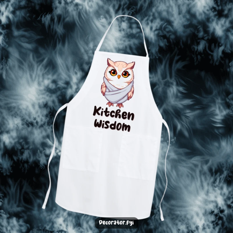Funny Apron: A whimsical owl with twinkling eyes drapes soft fabric, perfect for humorous kitchen activities and culinary fun.