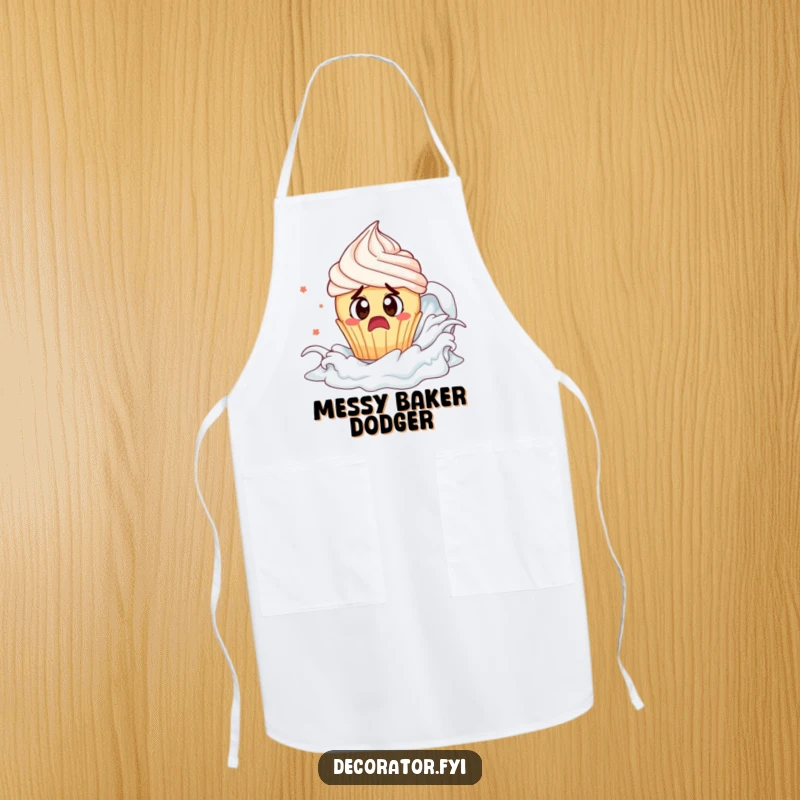 Funny cupcake frosting tsunami apron: a cupcake escapes frosting, a humorous kitchen accessory.