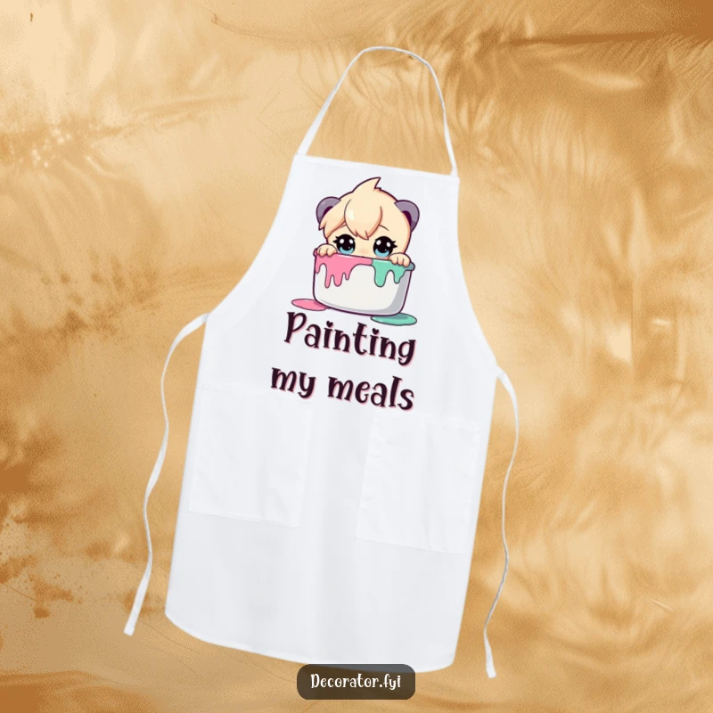 Funny apron showing a curious character with wide eyes peering into a paint pot, perfect for creative protection.