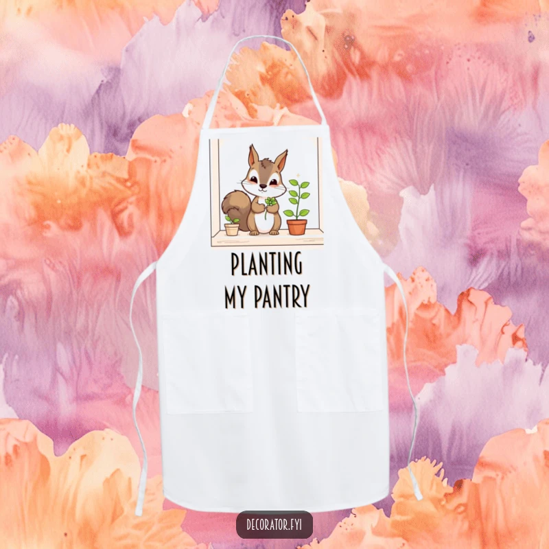 Funny squirrel apron, a determined character carefully placing a tiny plant on a shelf, ideal for kitchen or garden tasks with a humorous twist.