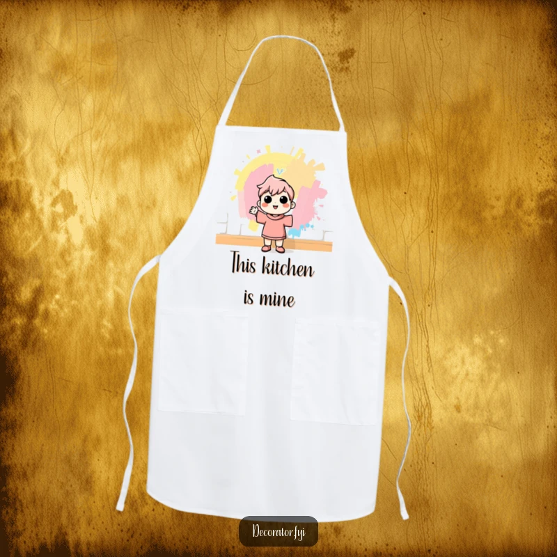 Funny apron with a cheerful character admiring a freshly painted wall with pride, ready for kitchen adventures with humorous dedication.