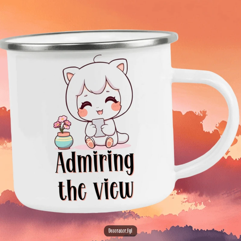 Funny decor camping mug with a contented character admiring a perfectly placed accent piece, perfect for stylish outdoor enjoyment.