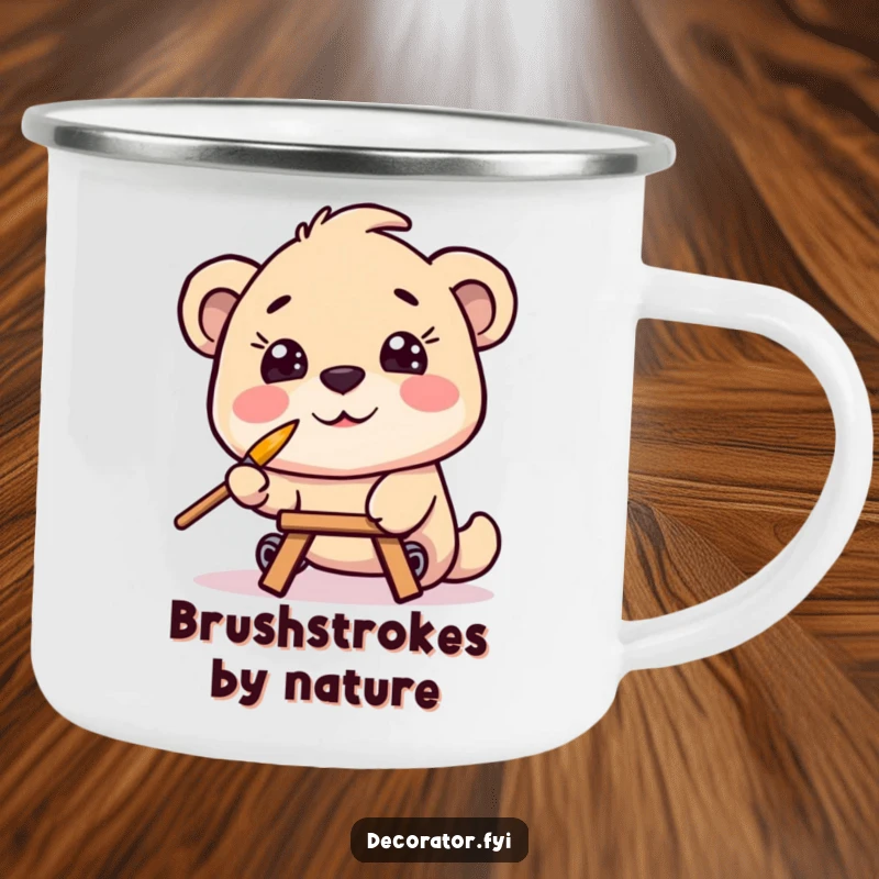 Funny camping mug illustrating a smiling character balancing a tiny paintbrush on its nose while painting outdoors, perfect for rugged artistic souls.