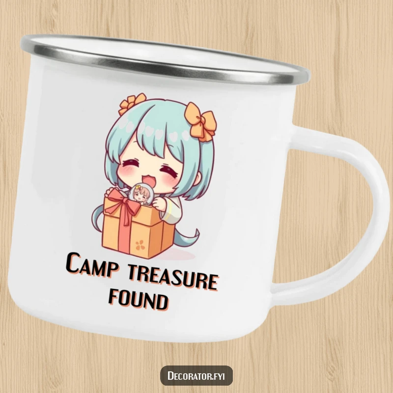 Funny camping mug with a character excitedly unwrapping a delicate, decorative figurine, perfect for enjoying beverages outdoors with a humorous, treasure-hunting touch.