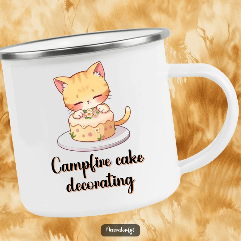 Funny cat decorates a small cake with tiny flowers, perfect for sweet outdoor moments on a funny camping mug.