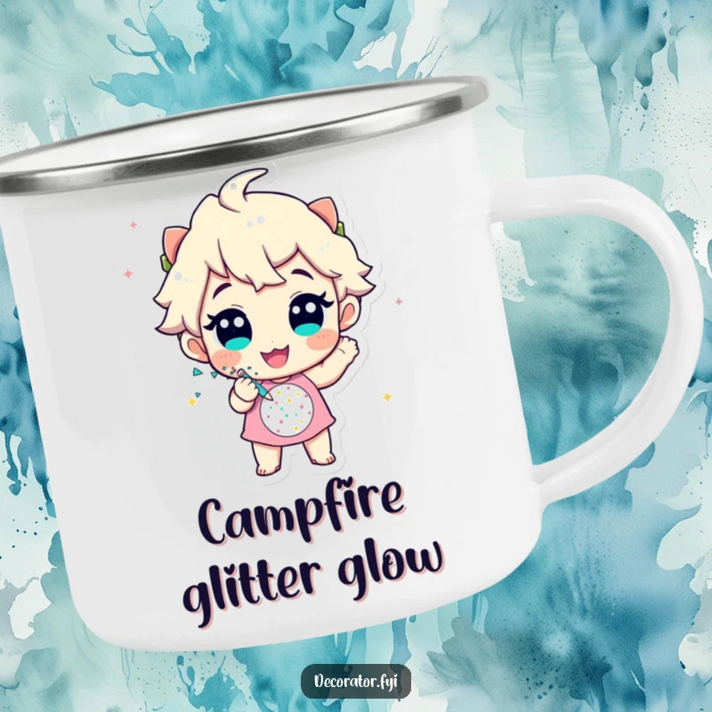 Funny camping mug featuring a cheerful character enthusiastically applying glitter to a festive design, ideal for crafters in the wild.