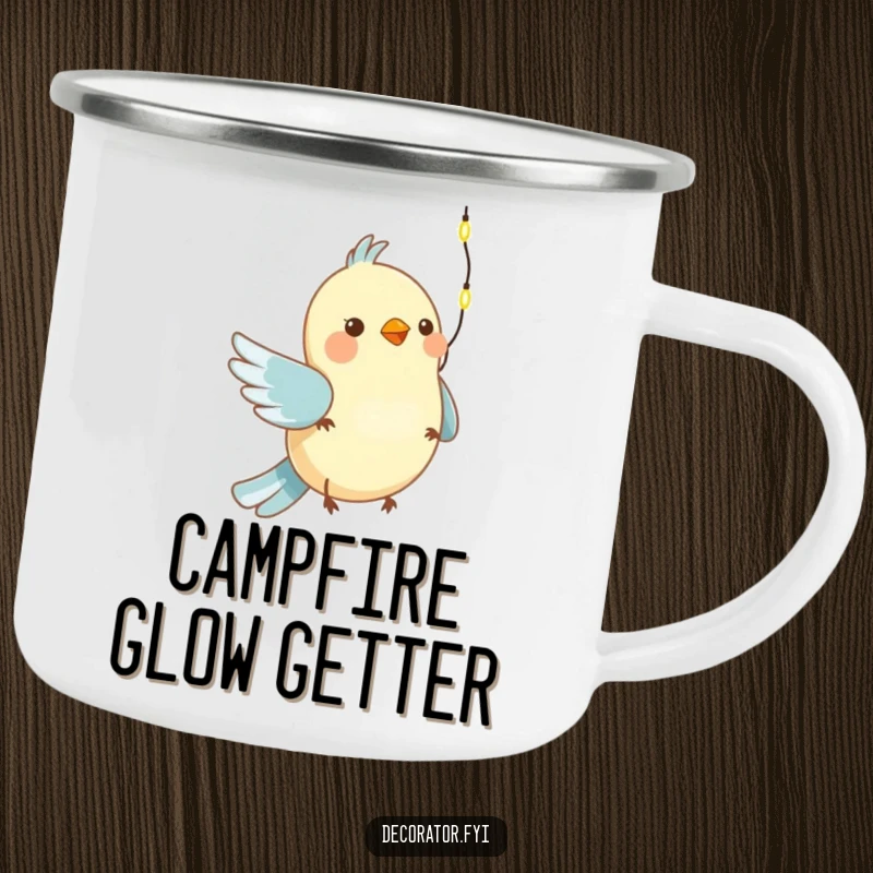 Funny camping mug showing a happy bird hanging a tiny string of lights, perfect for outdoor holiday cheer.