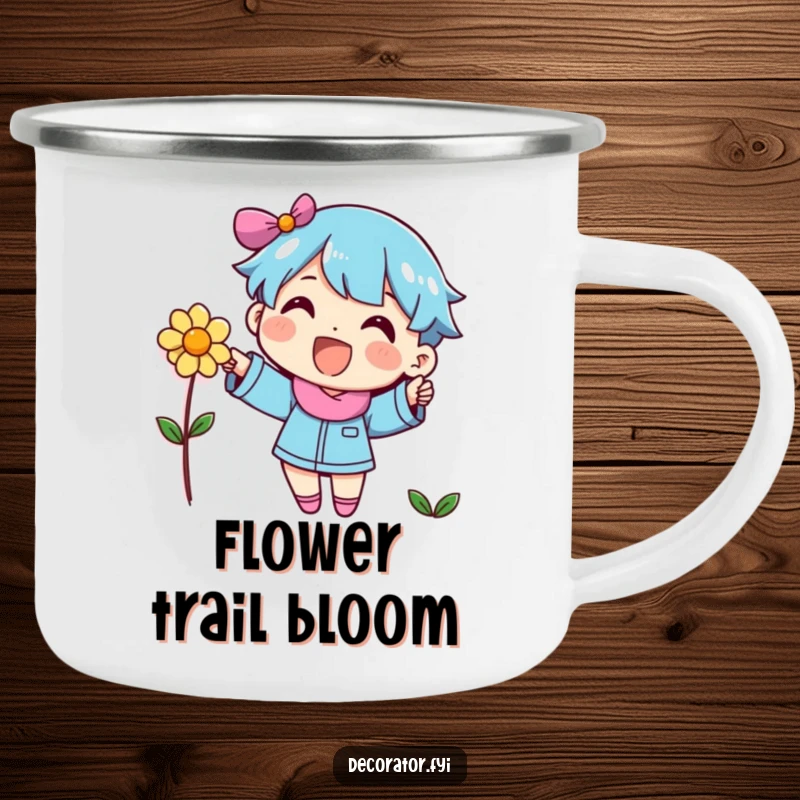 Funny character placing a flower on a wall, printed on a rugged camping mug for outdoor cheer.