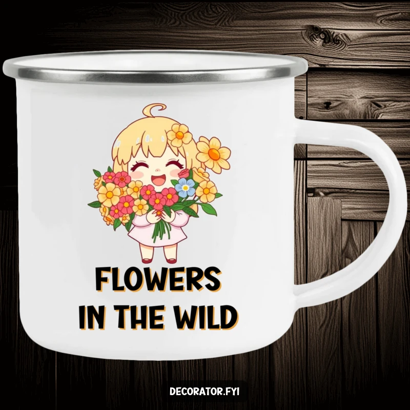 Funny Camp Mug: A joyful character smiles while arranging a colorful bouquet of flowers in an outdoor setting.