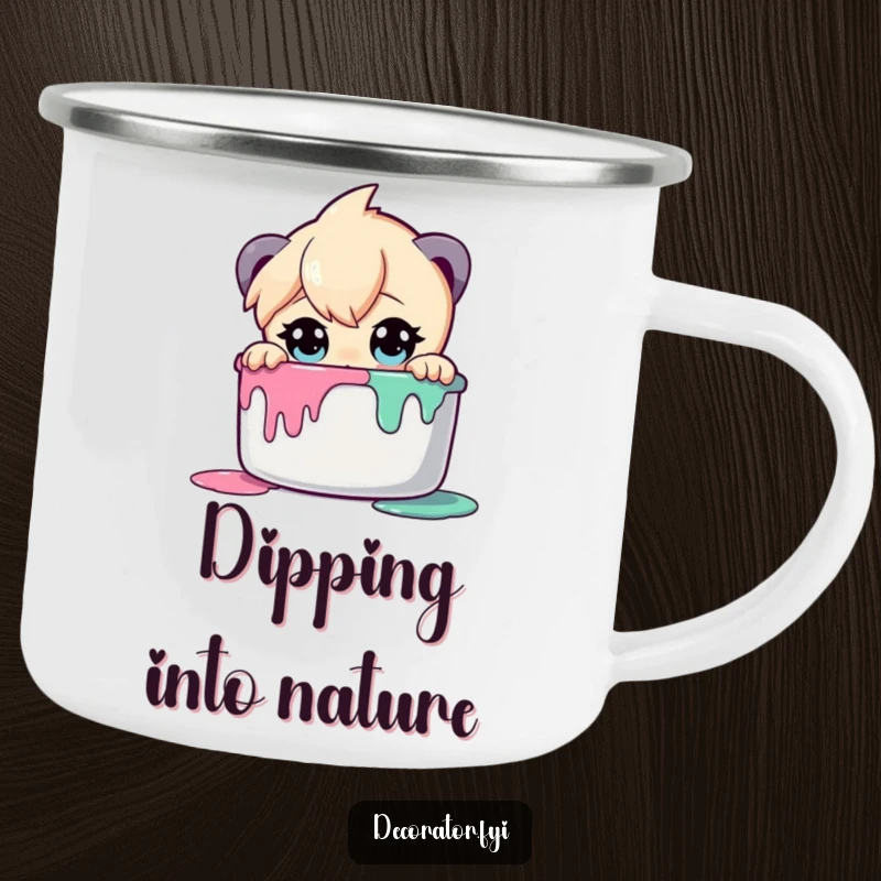 Funny camping mug with a curious character wide-eyed, peering into a paint pot, for outdoor artistic exploration.