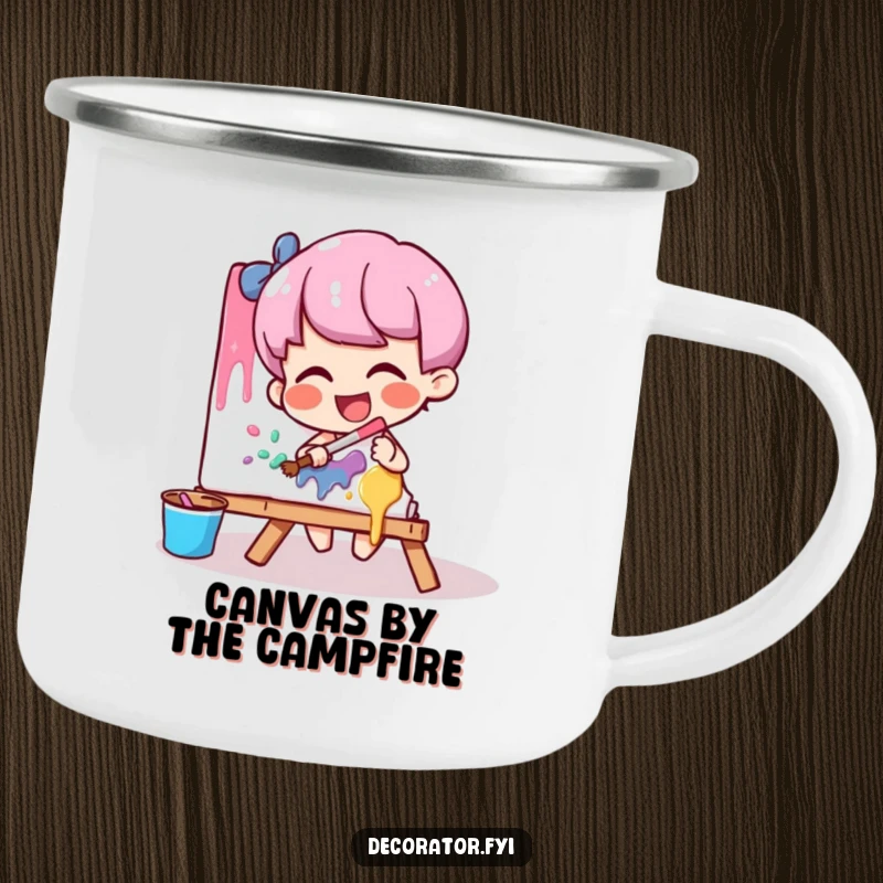 Funny artist camping mug with a giggling character playfully smearing paint on a canvas, perfect for outdoor inspiration.