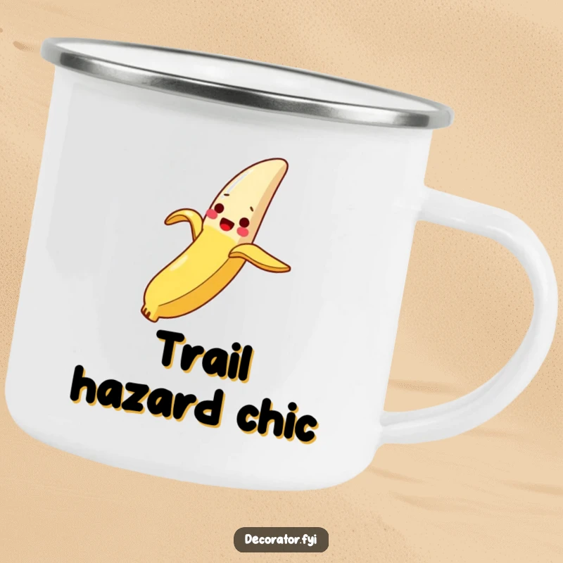 Funny Camping Mug: A delighted banana peel slides down a slippery breadstick, ideal for hearty laughs outdoors.