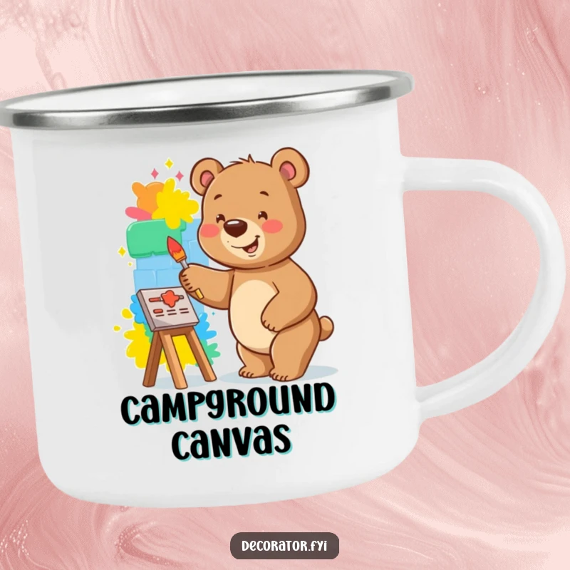 Funny bear camping mug featuring a smiling bear happily painting a vibrant mural on a small wall, creating art.