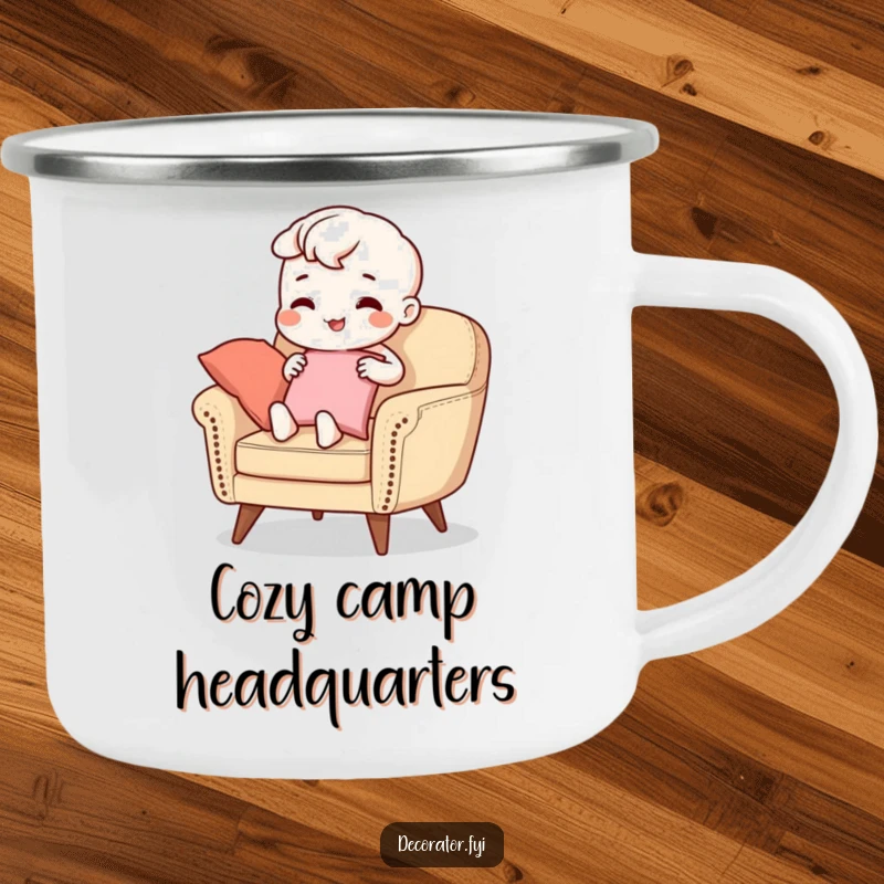 Funny Camping Mug: A joyful character carefully arranges cushions on a stylish armchair, bringing home decor humor to outdoor settings.