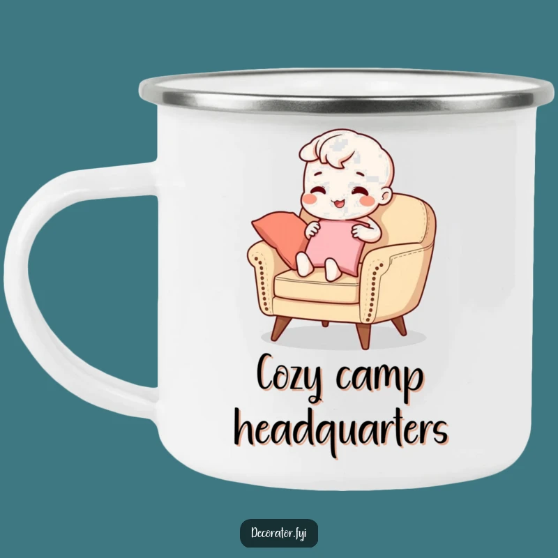 Funny Camp Mug: Beaming Character's Decorating Adventure for Outdoor Humor