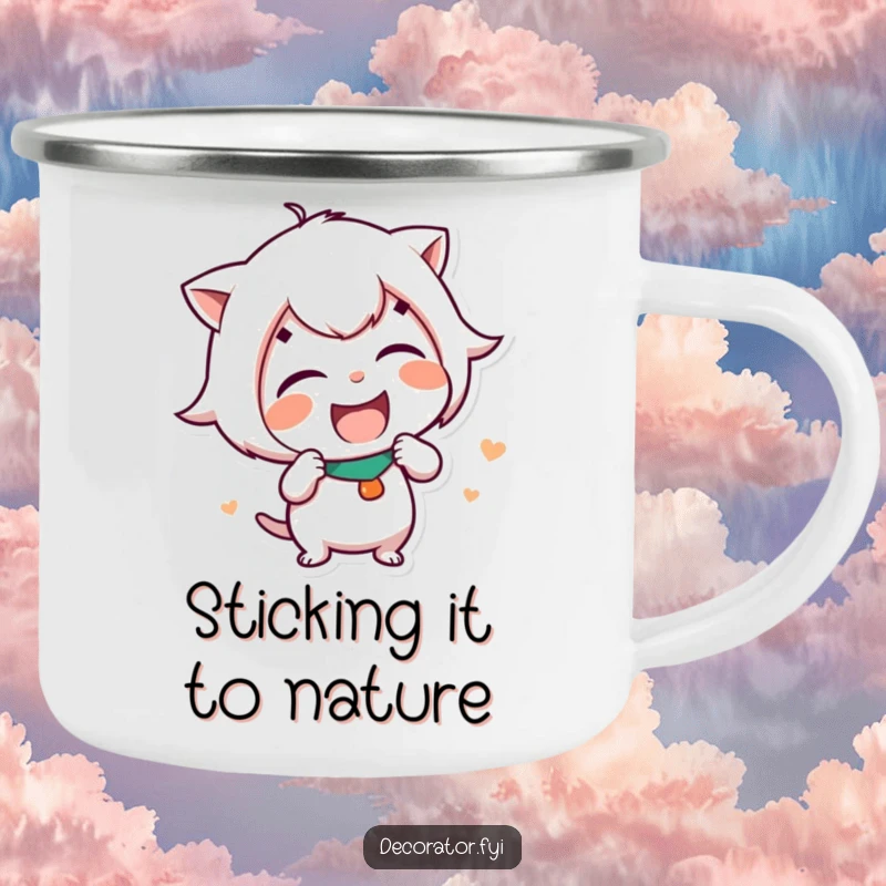 Funny Camping Mug showcasing a giggling character playfully affixing a humorous sticker during an outdoor adventure.