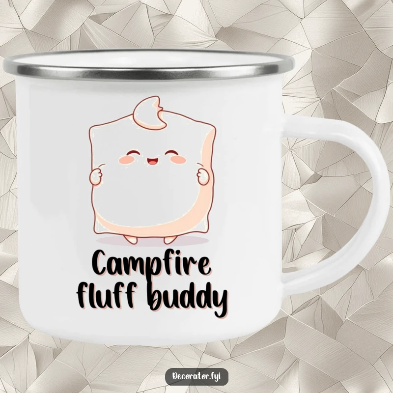 Funny camping mug illustrating a happy character joyfully fluffing a giant pillow with both hands, perfect for campfire coziness and humor.