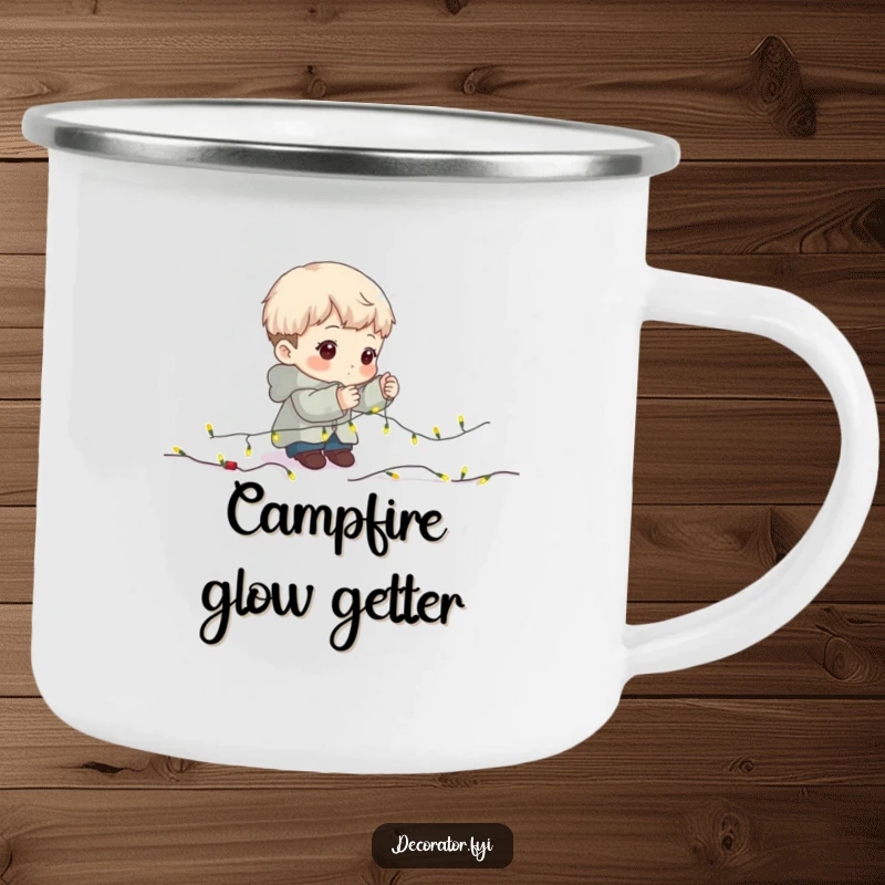 Funny Camping Mug: Character intently placing fairy lights on a garland, ready for festive fun.